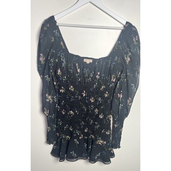 For Love & Lemons Medium Revolve Dixon Black Floral Chiffon Smocked Mini Dress - Picture 4 of 11
